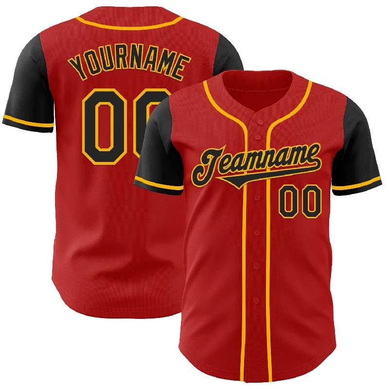 Custom baseball jersey with embroidery and patches-Custom Red Black-Gold Authentic Two Tone Baseball Jersey