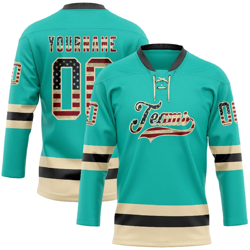 Custom hockey jersey for fan clubs and communities-Custom Aqua Vintage USA Flag Cream-Black Hockey Lace Neck Jersey