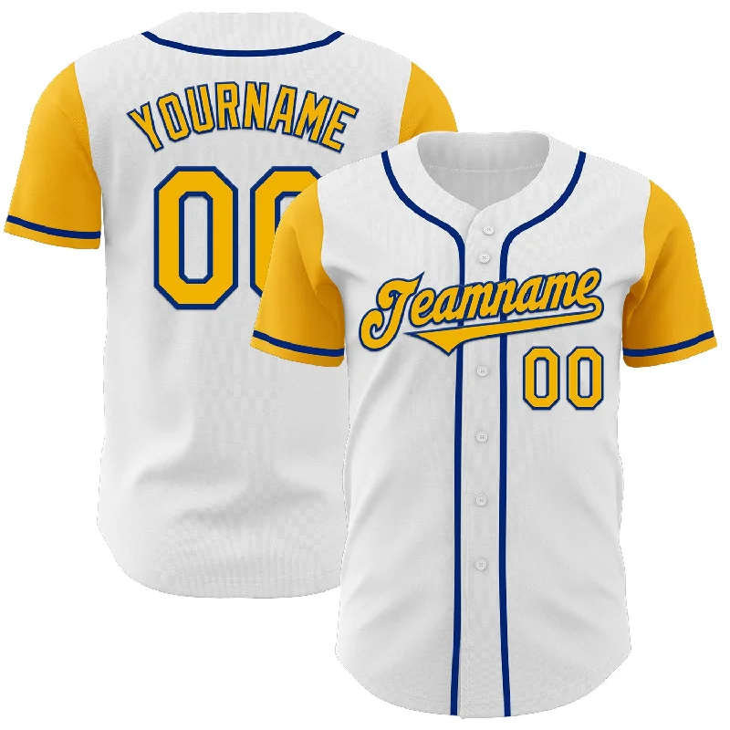 Personalized baseball jersey for sports training-Custom White Gold-Royal Authentic Two Tone Baseball Jersey