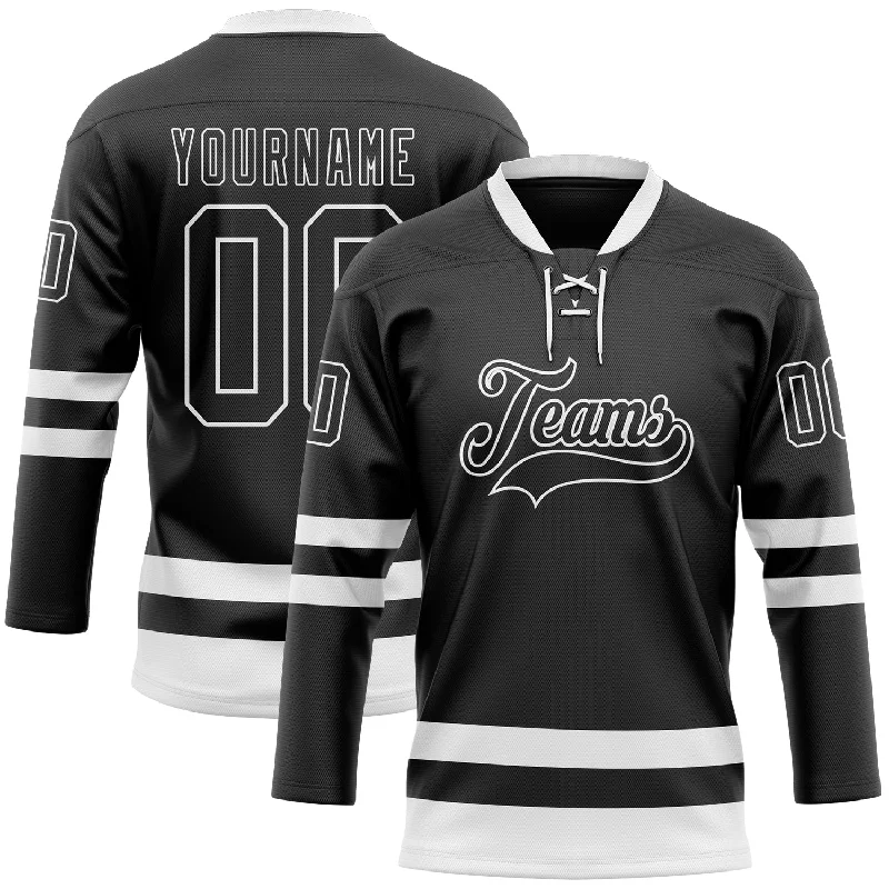 Hockey jersey with flexible, stretchable material-Custom Black White Hockey Lace Neck Jersey