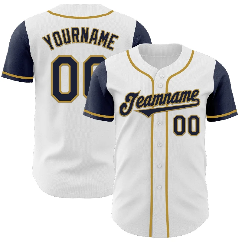 Personalized baseball jersey for team gifts-Custom White Navy-Old Gold Authentic Two Tone Baseball Jersey