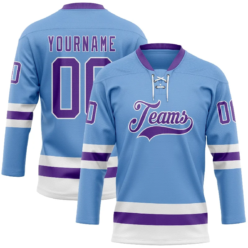 Hockey jersey with full-sleeve coverage for cold weather-Custom Light Blue Purple-White Hockey Lace Neck Jersey