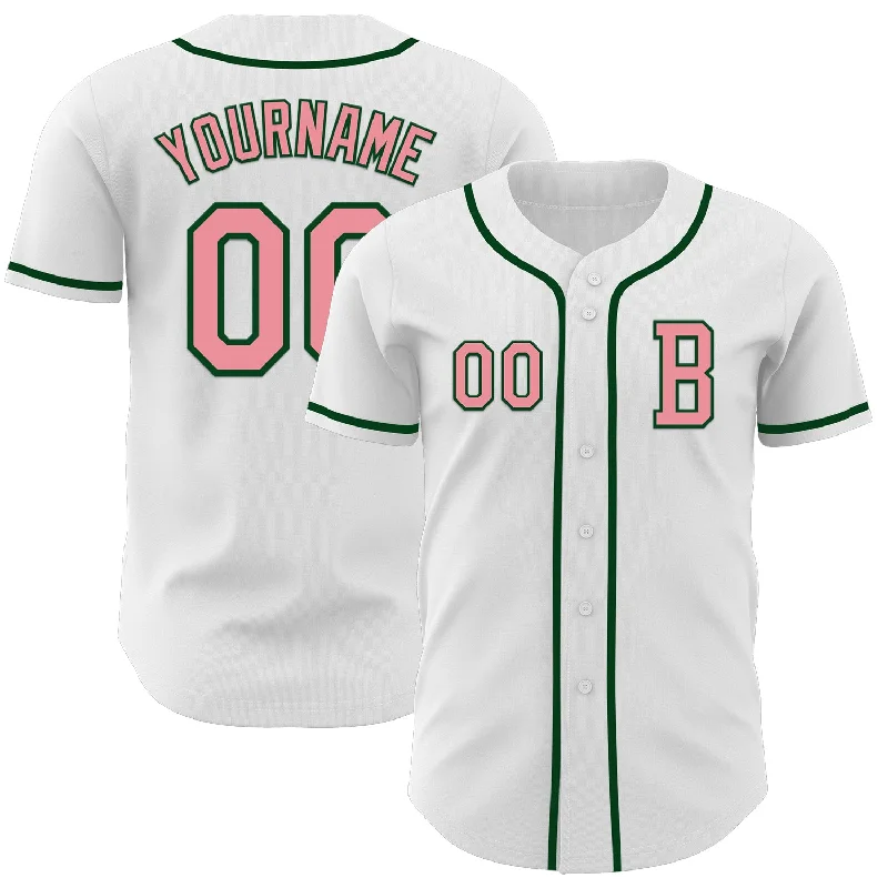 Custom baseball jersey for professional teams-Custom White Medium Pink-Green Authentic Baseball Jersey