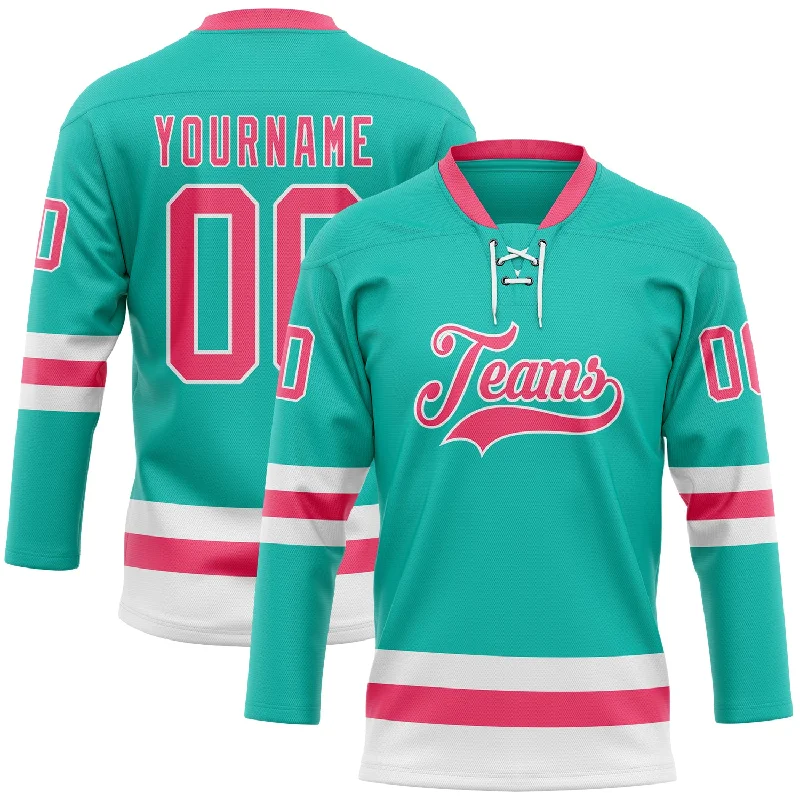 Hockey jersey for practice with breathable fabric-Custom Aqua Neon Pink-White Hockey Lace Neck Jersey