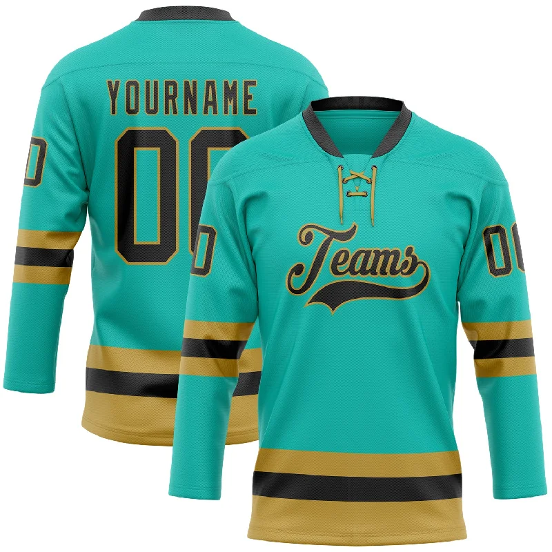 Custom hockey jersey with iconic logos and symbols-Custom Aqua Black-Old Gold Hockey Lace Neck Jersey