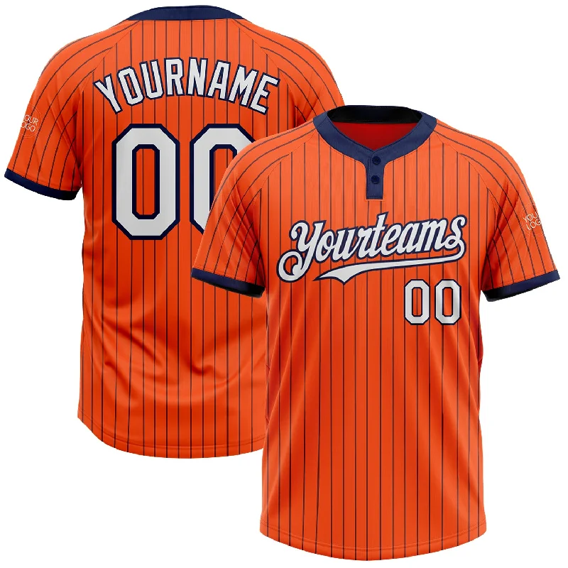 Personalized softball jersey with bold font lettering-Custom Orange Navy Pinstripe White Two-Button Unisex Softball Jersey