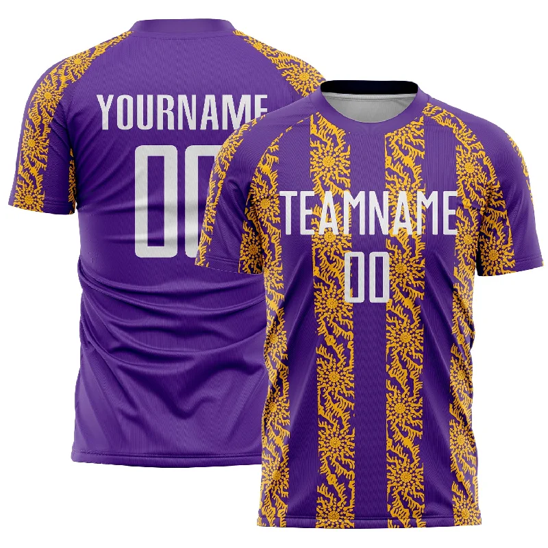 Custom soccer jersey for youth soccer leagues-Custom Purple White-Gold Abstract Shape Sublimation Soccer Uniform Jersey