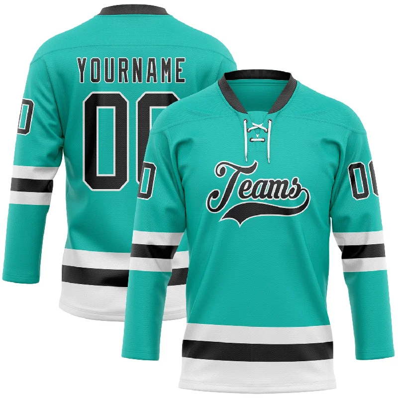 Hockey jersey with performance fabric for competitive play-Custom Aqua Black-White Hockey Lace Neck Jersey