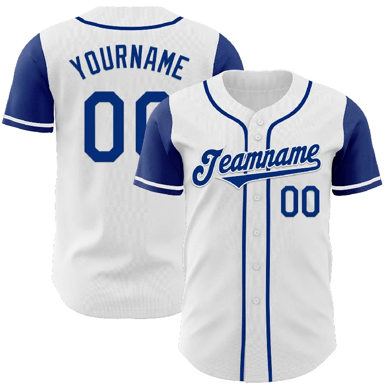 Personalized baseball jersey with team logo-Custom White Royal Authentic Two Tone Baseball Jersey