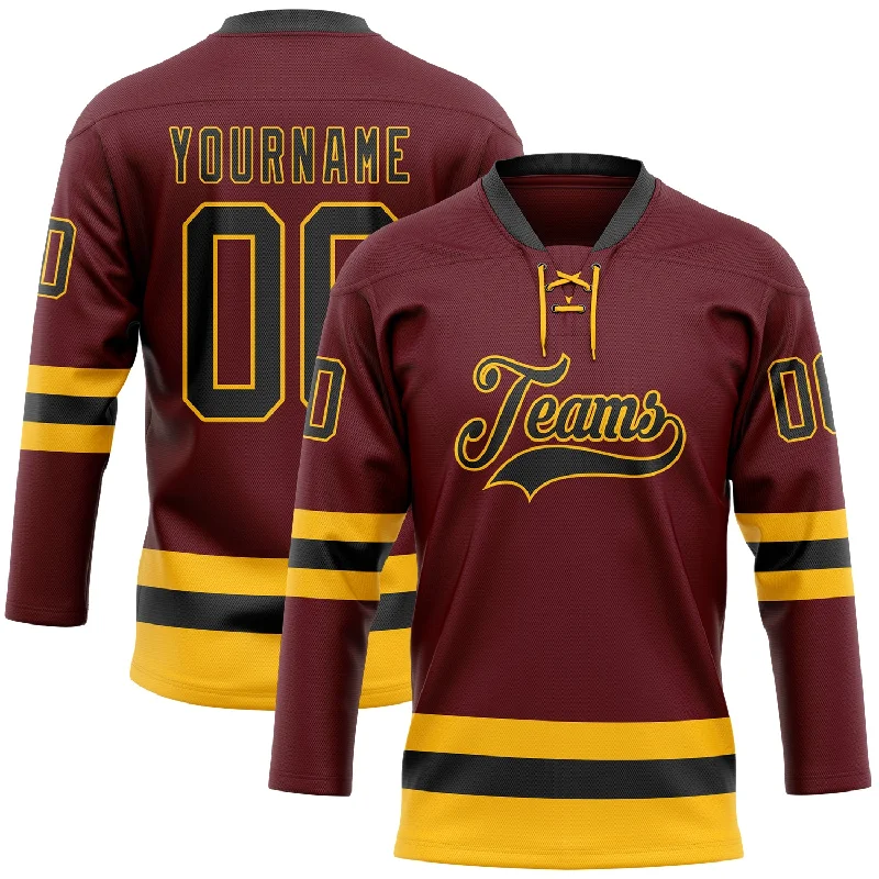 Personalized hockey jersey with custom design-Custom Burgundy Black-Gold Hockey Lace Neck Jersey