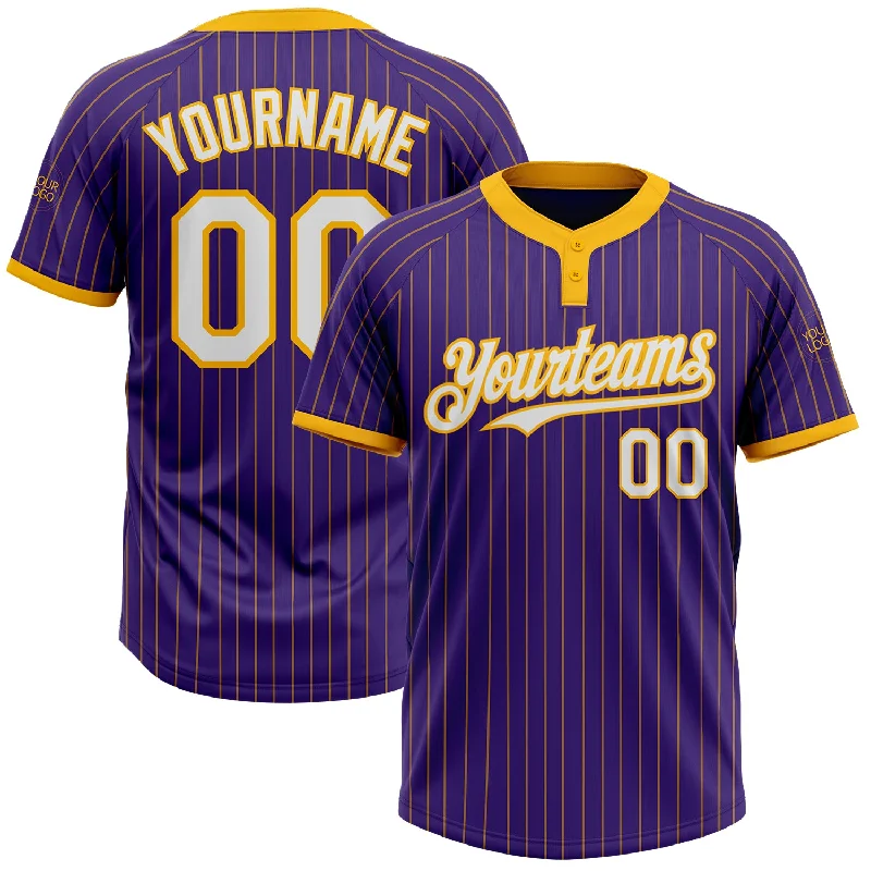 Custom softball jersey with embroidered team name-Custom Purple Gold Pinstripe White Two-Button Unisex Softball Jersey