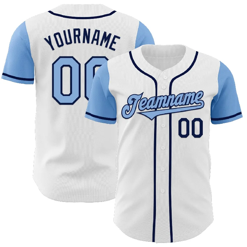 Unique baseball jersey with special designs-Custom White Light Blue-Navy Authentic Two Tone Baseball Jersey