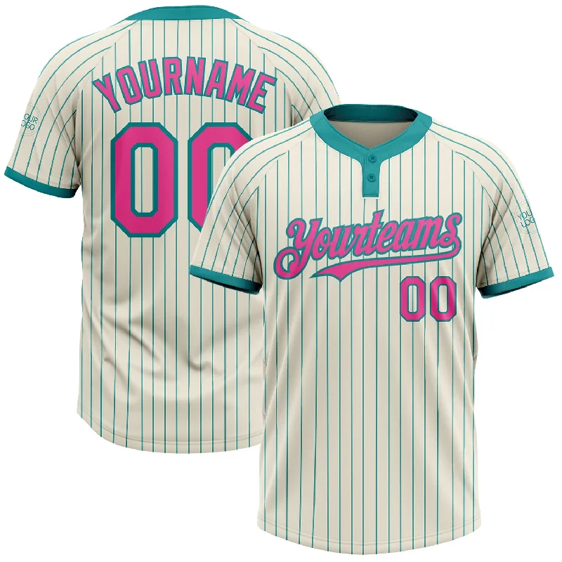 Softball jersey with a modern, slim fit-Custom Cream Teal Pinstripe Pink Two-Button Unisex Softball Jersey