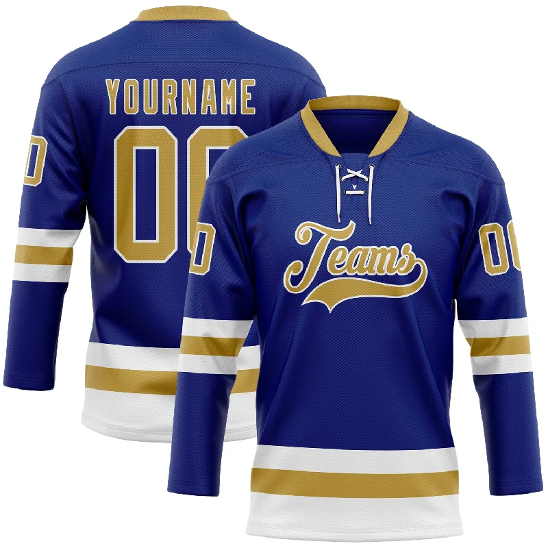 Hockey jersey with a lightweight feel for mobility-Custom Royal Old Gold-White Hockey Lace Neck Jersey