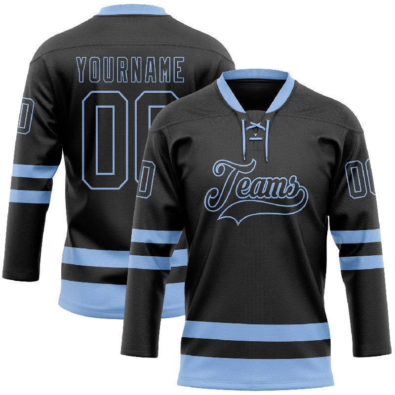 Hockey jersey with cooling technology for intense games-Custom Black Light Blue Hockey Lace Neck Jersey