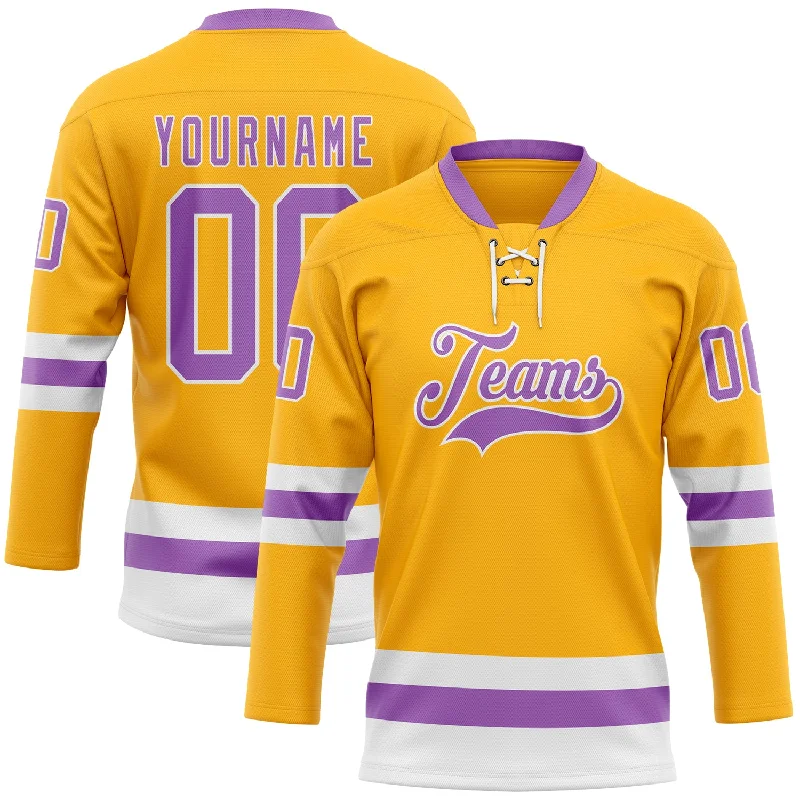 Personalized hockey jersey with bold team designs-Custom Gold Medium Purple-White Hockey Lace Neck Jersey