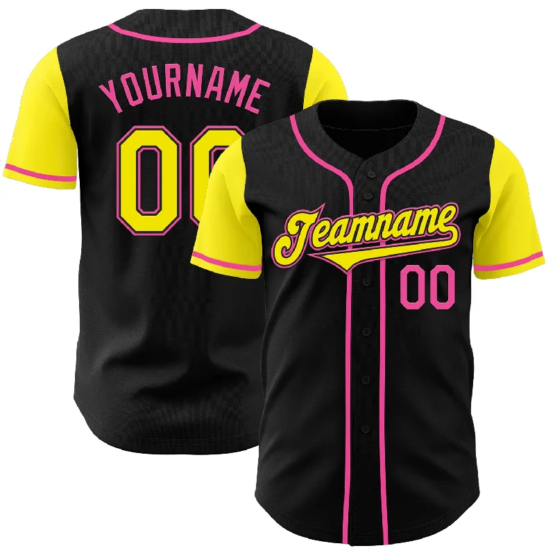 Personalized baseball jersey with team logo-Custom Black Light Yellow-Pink Authentic Two Tone Baseball Jersey