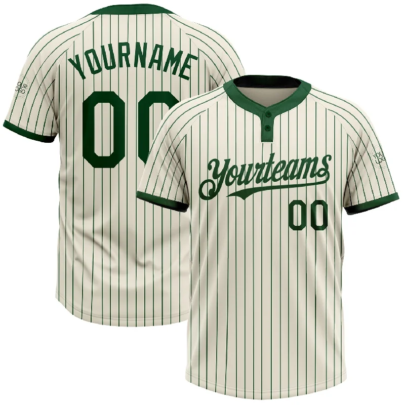 Softball jersey with breathable mesh fabric-Custom Cream Green Pinstripe Green Two-Button Unisex Softball Jersey