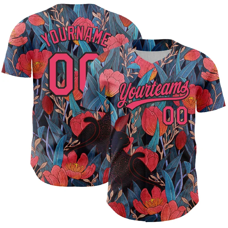 Custom baseball jersey with embroidery and patches-Custom Black Neon Pink 3D Syntetyc Black Cat And Tulips Authentic Baseball Jersey