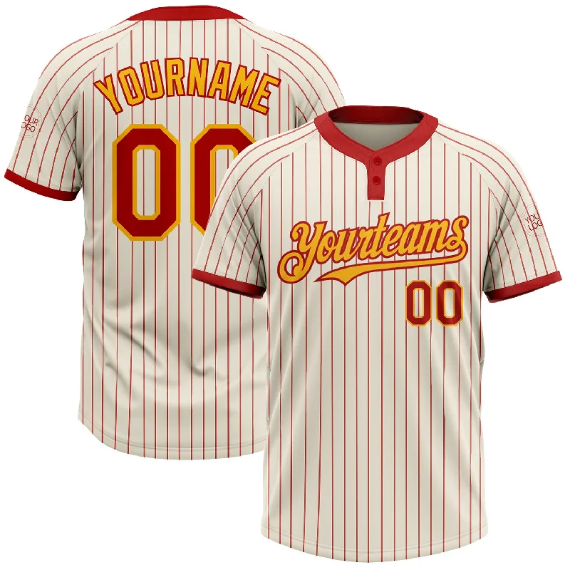 Softball jersey with moisture control for sweat management-Custom Cream Red Pinstripe Gold Two-Button Unisex Softball Jersey