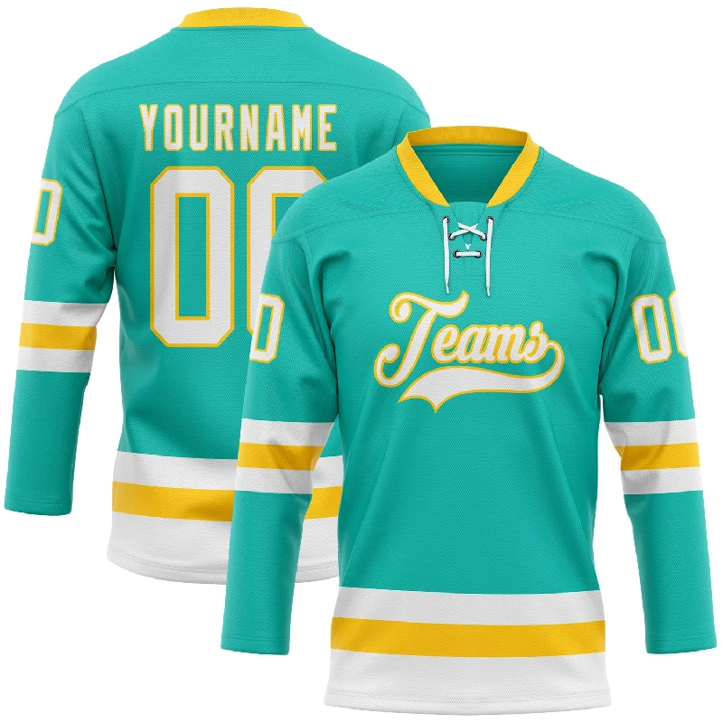 Personalized hockey jersey for school sports teams-Custom Aqua White-Yellow Hockey Lace Neck Jersey