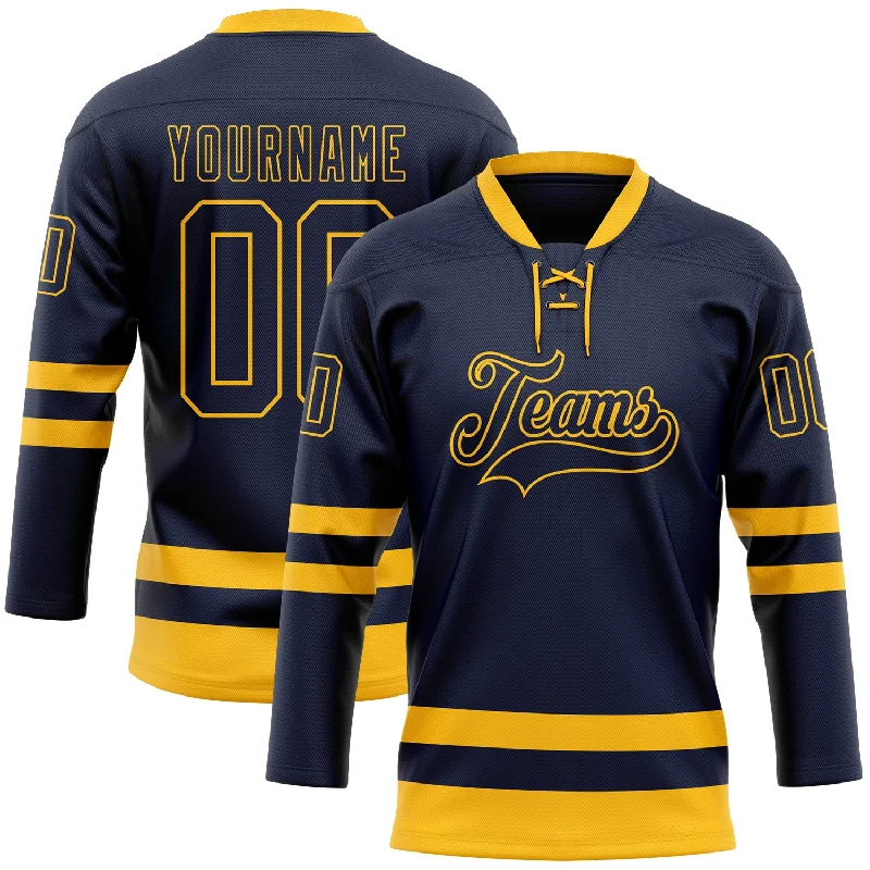 Hockey jersey for practice with breathable fabric-Custom Navy Gold Hockey Lace Neck Jersey