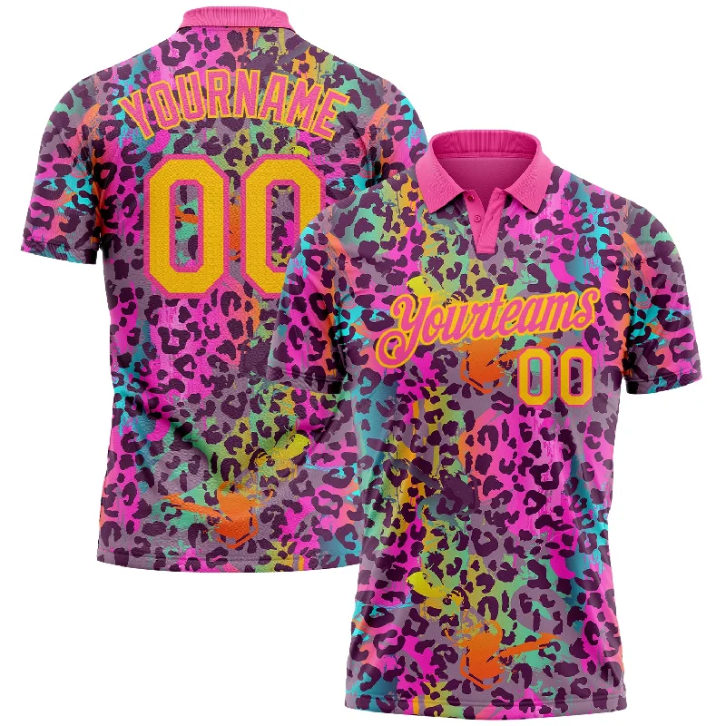 Custom golf polo shirt with vibrant colors and design-Custom Graffiti Pattern Yellow-Pink 3D Colorful Leopard Print Performance Golf Polo Shirt