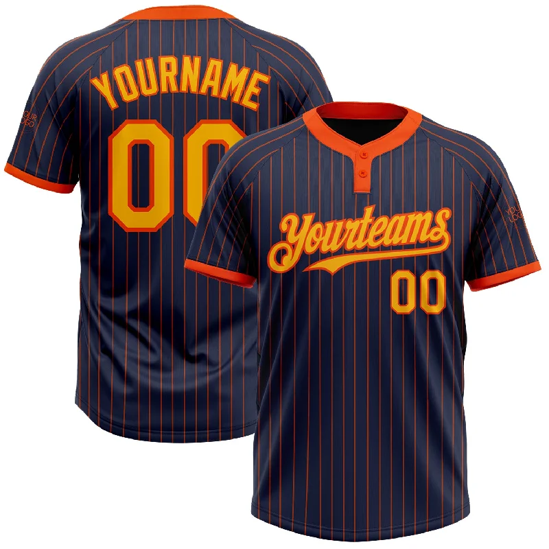 Performance-driven softball jersey for athletes-Custom Navy Orange Pinstripe Gold Two-Button Unisex Softball Jersey