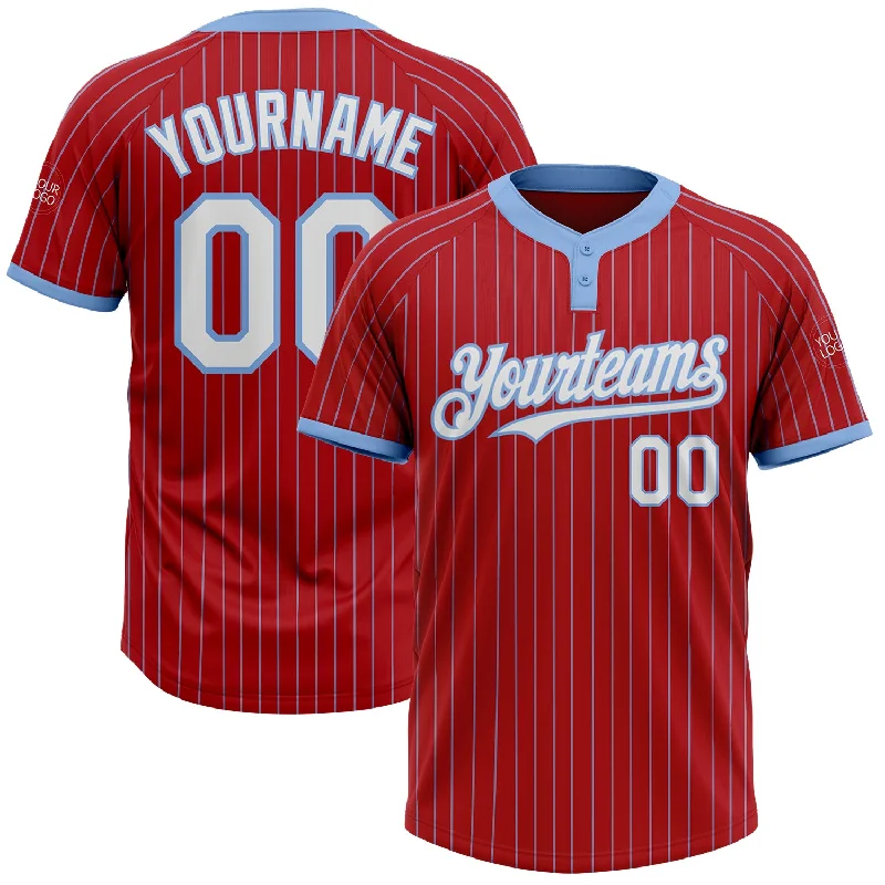 Personalized softball jersey with number-Custom Red Light Blue Pinstripe White Two-Button Unisex Softball Jersey