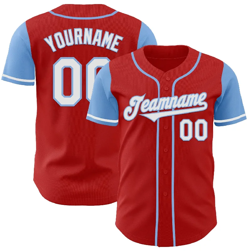 Custom baseball jersey with unique fabric options-Custom Red White-Light Blue Authentic Two Tone Baseball Jersey