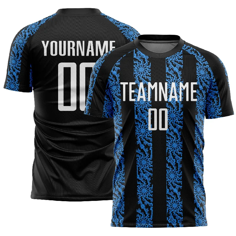 Custom soccer jersey with sleek modern lines-Custom Black White-Powder Blue Abstract Shape Sublimation Soccer Uniform Jersey