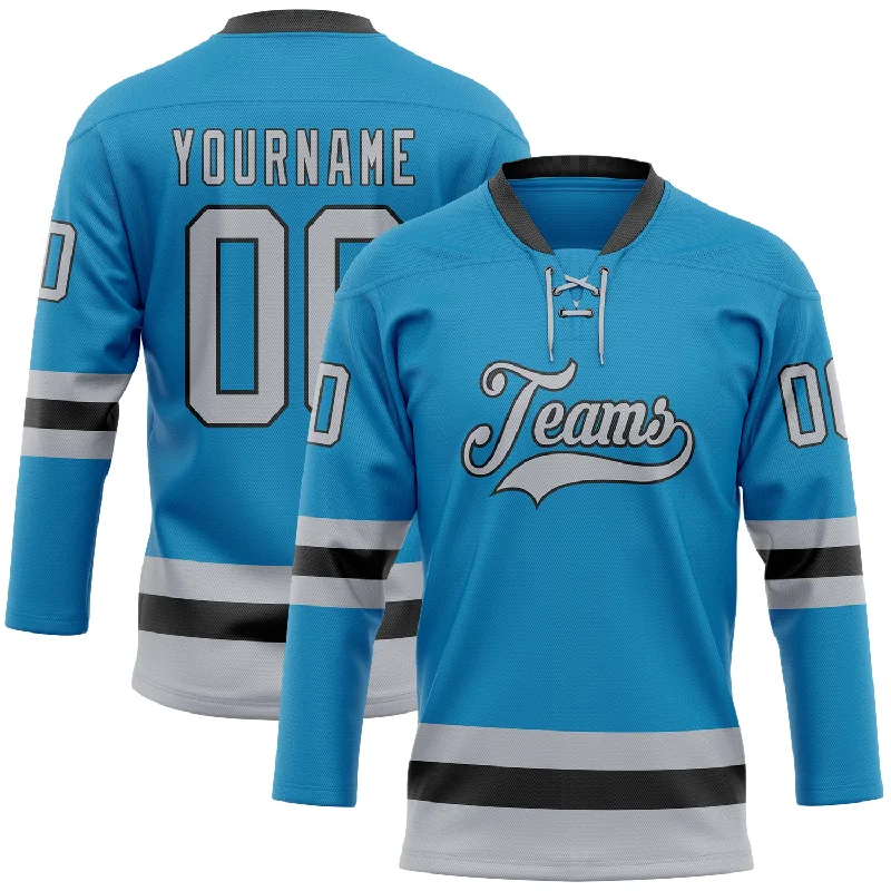 Hockey jersey with performance fabric for athletes-Custom Panther Blue Gray-Black Hockey Lace Neck Jersey