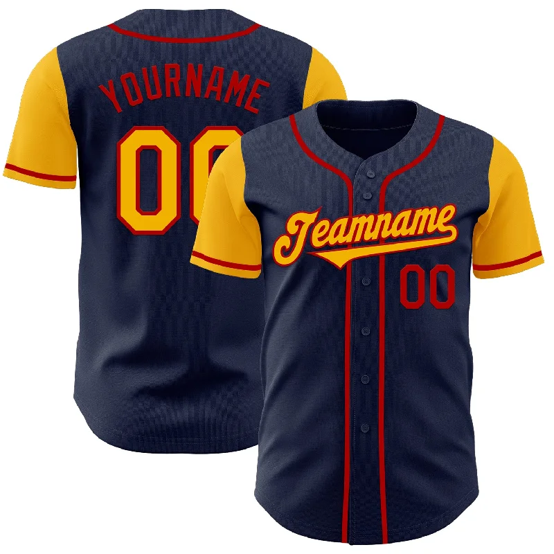 Baseball jersey for game day and practice-Custom Navy Gold-Red Authentic Two Tone Baseball Jersey