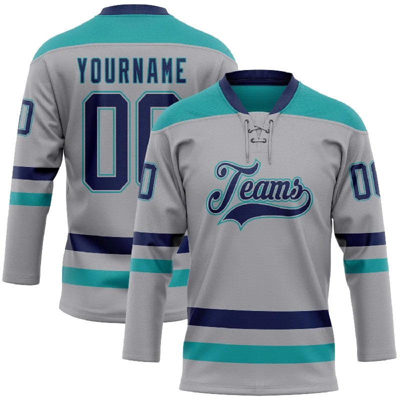 Hockey jersey with side mesh panels for breathability-Custom Gray Navy-Teal Hockey Lace Neck Jersey