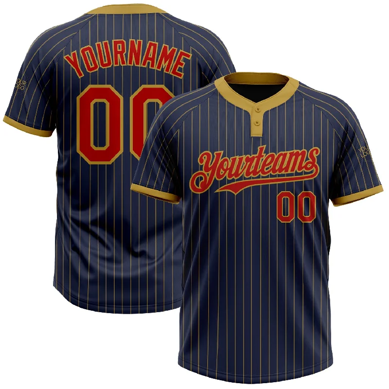 Custom softball jersey with bold colors and designs-Custom Navy Old Gold Pinstripe Red Two-Button Unisex Softball Jersey