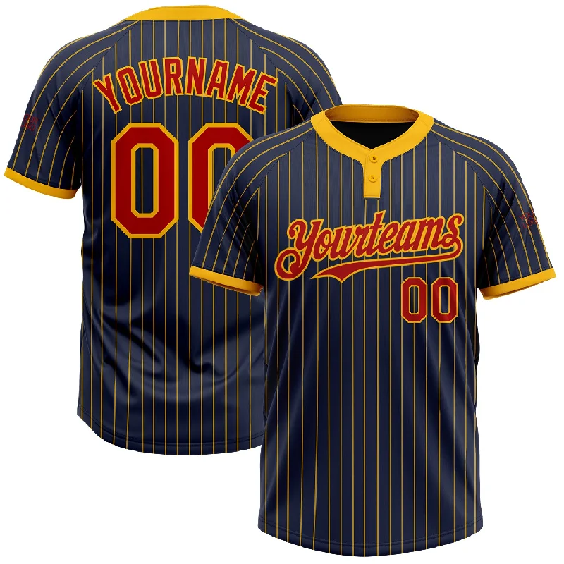 Softball jersey with cool-to-the-touch fabric-Custom Navy Gold Pinstripe Red Two-Button Unisex Softball Jersey