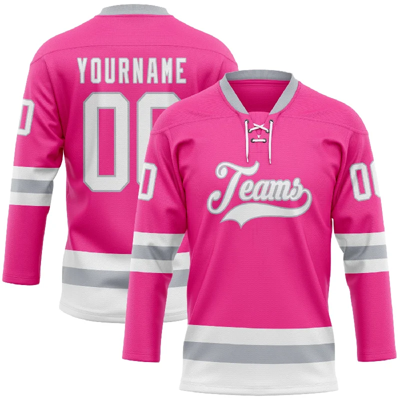 Hockey jersey with reinforced stitching for durability-Custom Pink White-Gray Hockey Lace Neck Jersey