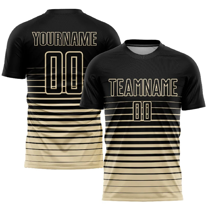 Soccer jerseys with custom patches and designs-Custom Black Cream Pinstripe Fade Fashion Sublimation Soccer Uniform Jersey