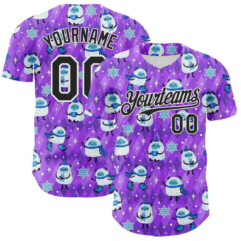 Baseball jersey for official team uniforms-Custom Purple Black-White 3D Emi Bee Yetis In Snow Authentic Baseball Jersey