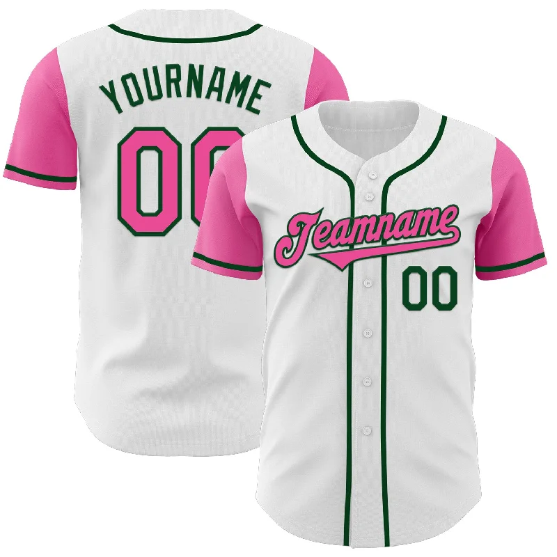 Custom baseball jersey with embroidery and patches-Custom White Pink-Green Authentic Two Tone Baseball Jersey