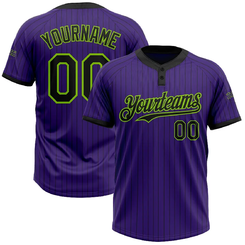 Softball jersey with functional pockets for convenience-Custom Purple Black Pinstripe Neon Green Two-Button Unisex Softball Jersey