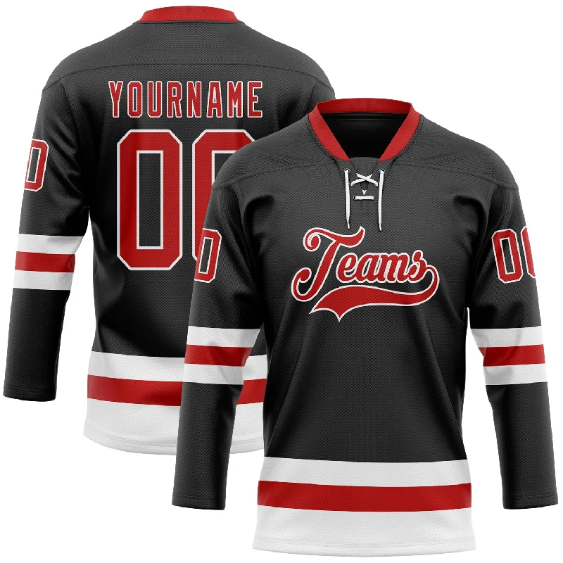 Personalized hockey jersey for kids’ leagues-Custom Black Red-White Hockey Lace Neck Jersey