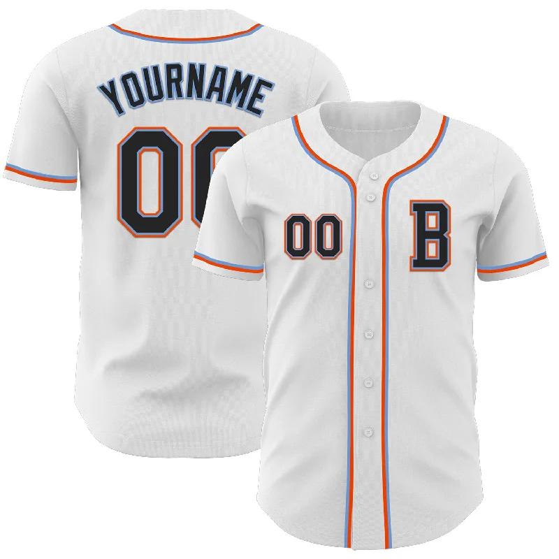 Personalized baseball jersey for team gifts-Custom White Black Powder Blue-Orange Authentic Baseball Jersey