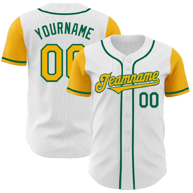 Retro-style baseball jersey with classic team logos-Custom White Gold-Kelly Green Authentic Two Tone Baseball Jersey