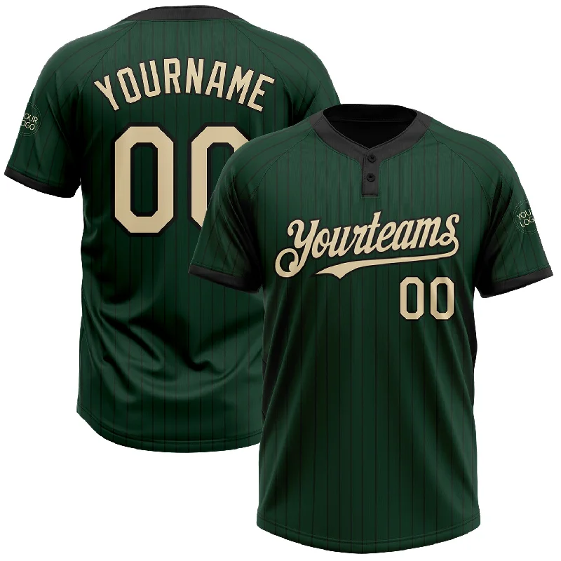 Softball jersey for youth and adult players-Custom Green Black Pinstripe Cream Two-Button Unisex Softball Jersey