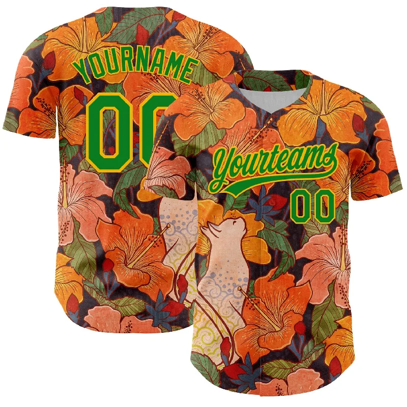 Baseball jersey with athletic fit for active players-Custom Orange Grass Green-Gold 3D Syntetyc Cat And Hibiscus Authentic Baseball Jersey