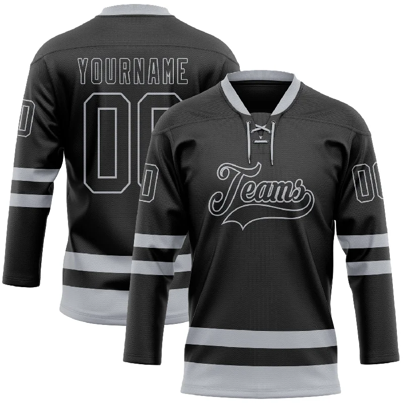 Personalized hockey jersey for charity games-Custom Black Gray Hockey Lace Neck Jersey