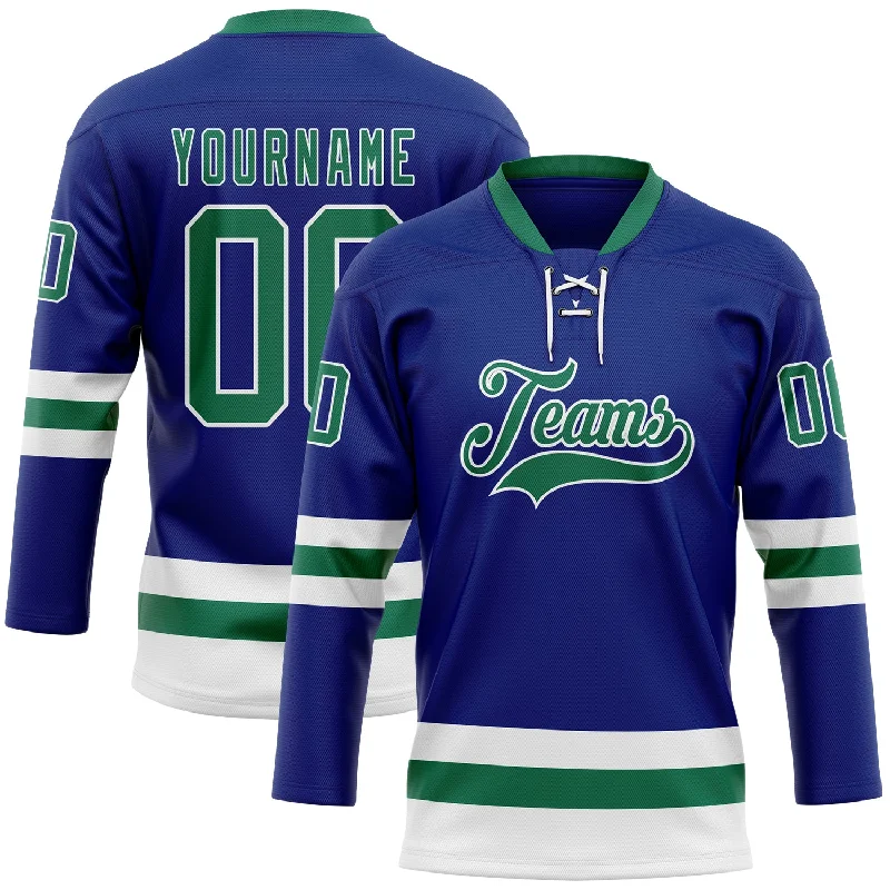 Personalized hockey jersey with player number and name-Custom Royal Kelly Green-White Hockey Lace Neck Jersey