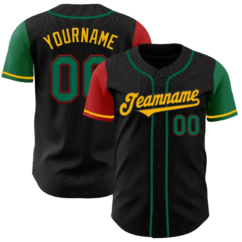 Baseball jersey for all team sizes and ages-Custom Black Kelly Green Red-Gold Authentic Two Tone Baseball Jersey