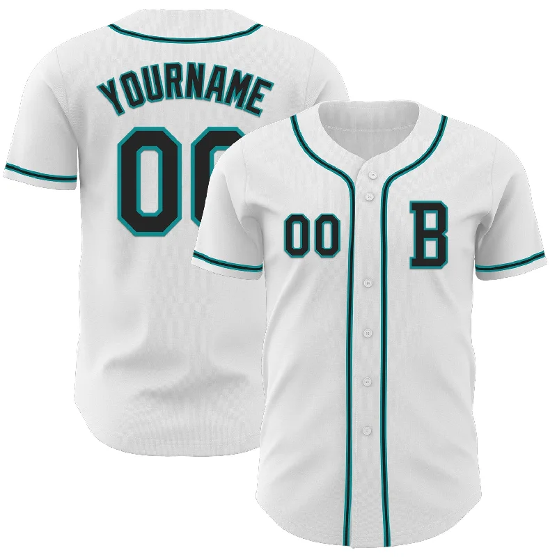 Classic baseball jersey with modern touches-Custom White Black-Teal Authentic Baseball Jersey